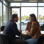 Couple negotiating car price with a dealership representative