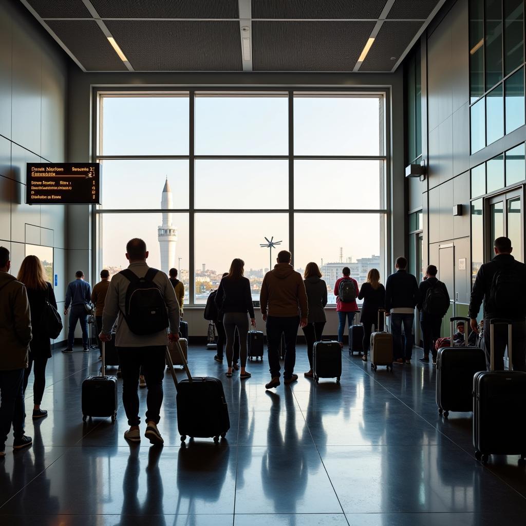 Travelers with Luggage in Barcelona Airport Arrival Hall