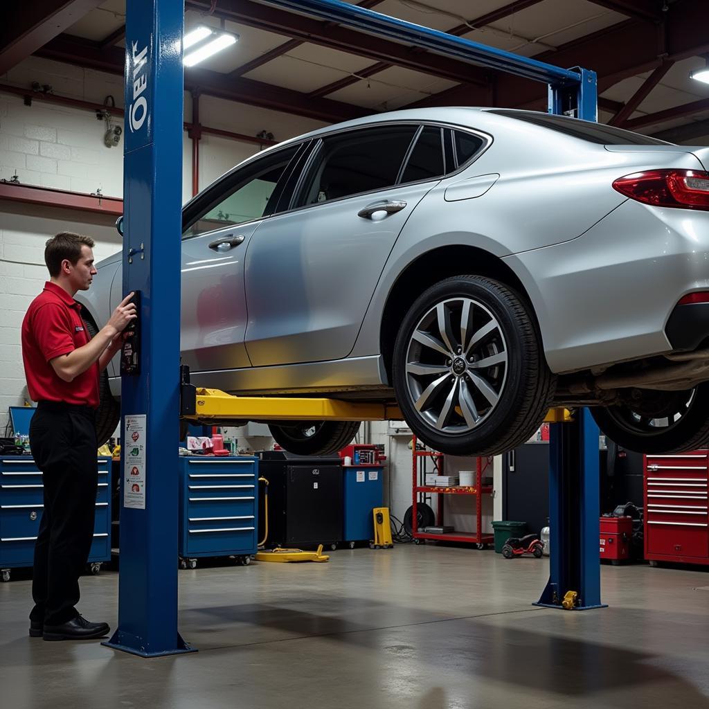 Car on a lift in a Barnsley garage for maintenance