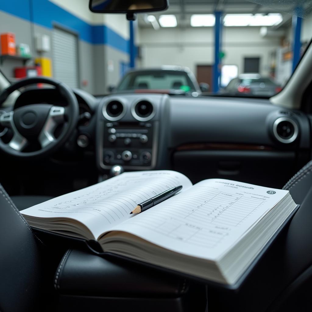 Open logbook on the dashboard of a car in a Baulkham Hills garage