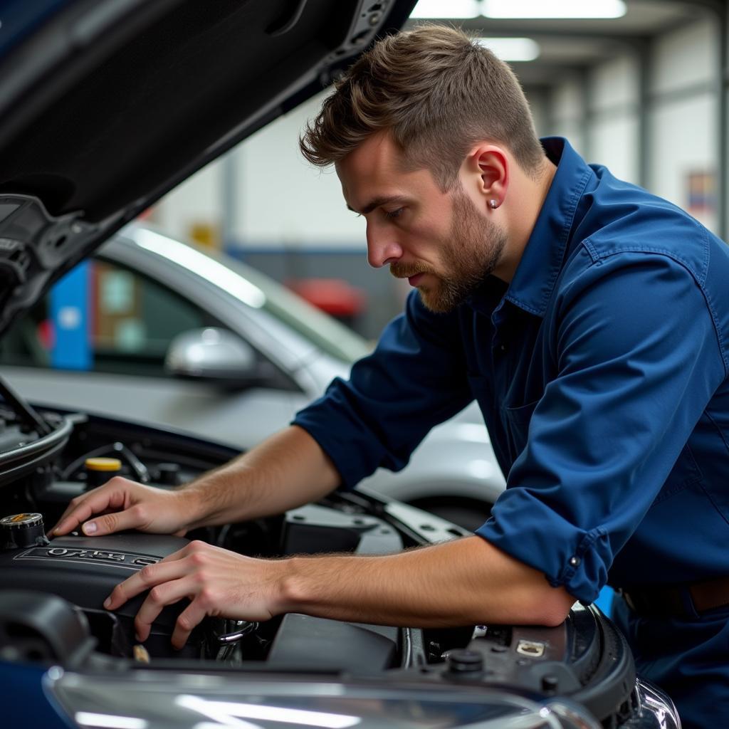 Mechanic Inspecting Car Engine in Bedford Hills