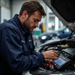 Ben's Car Service Technician Performing Diagnostics