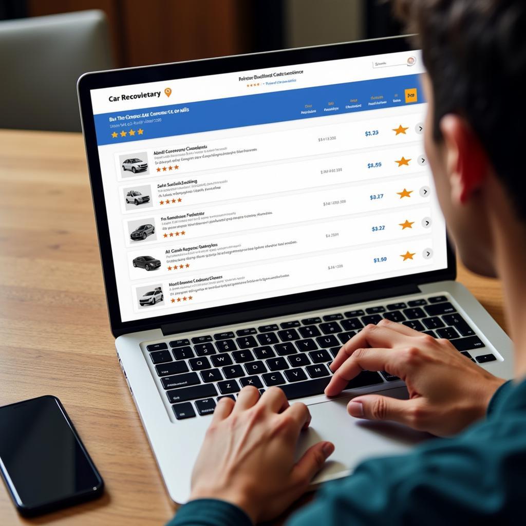 Customer Reading Car Recovery Service Reviews on a Laptop