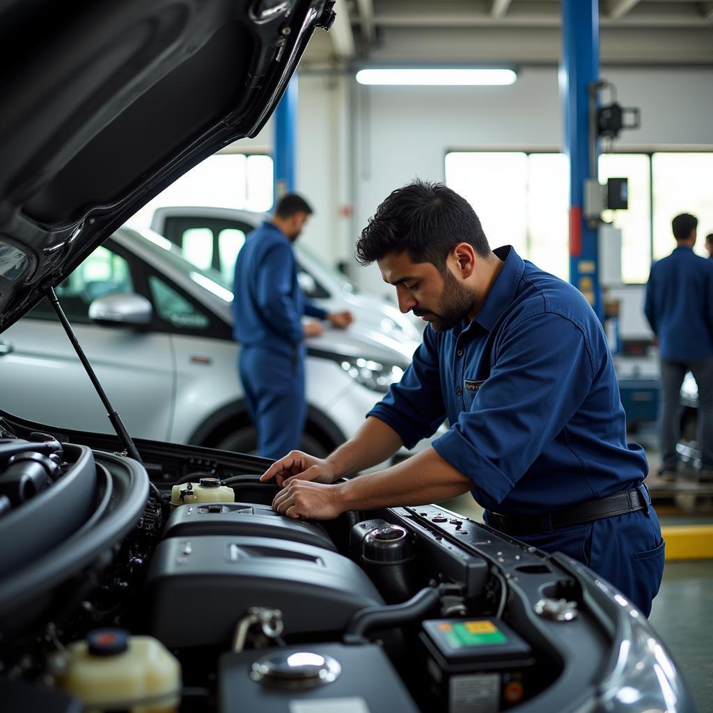 Mechanic working on a car engine in a Hyderabad service center