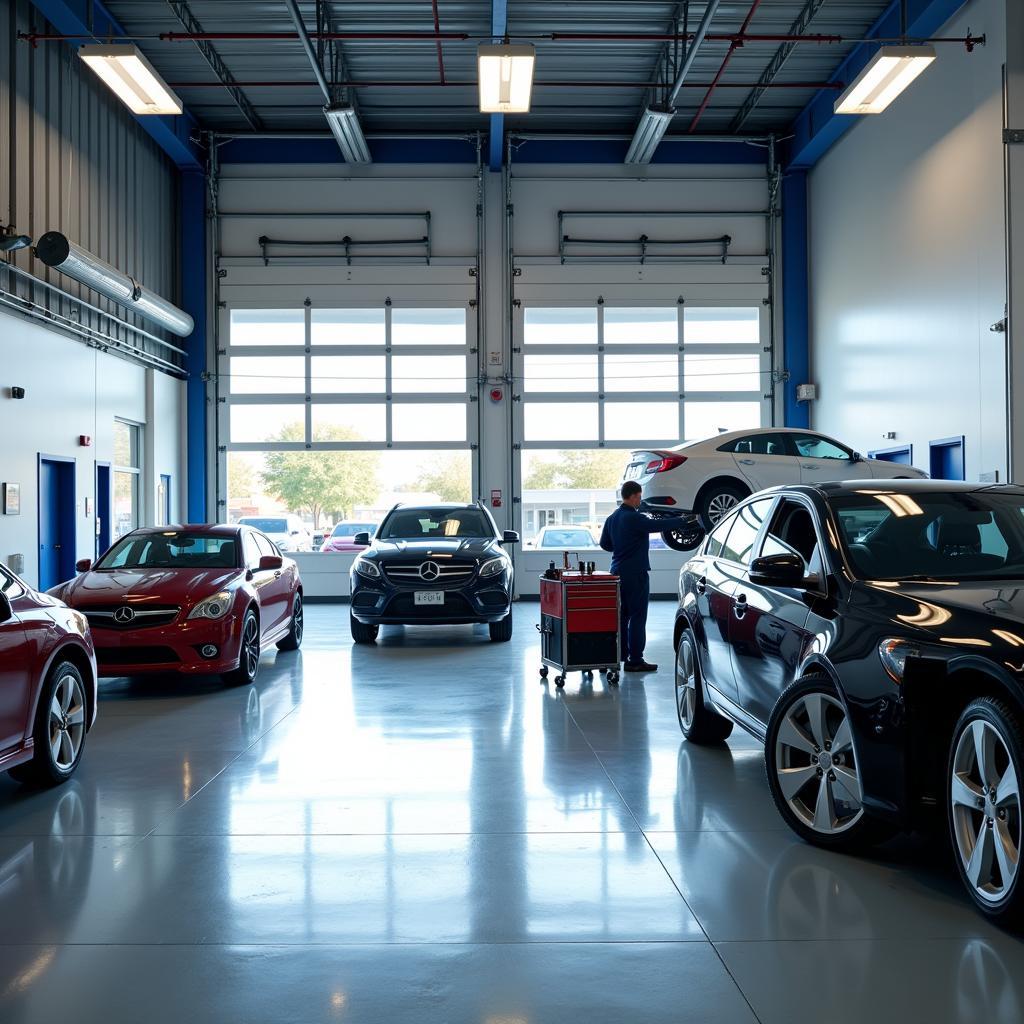 Modern car service center interior with mechanics working in the background