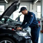 Mechanic inspecting a car in a modern Milanese garage