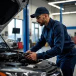 Experienced mechanic inspecting a car engine in a New Jersey auto repair shop