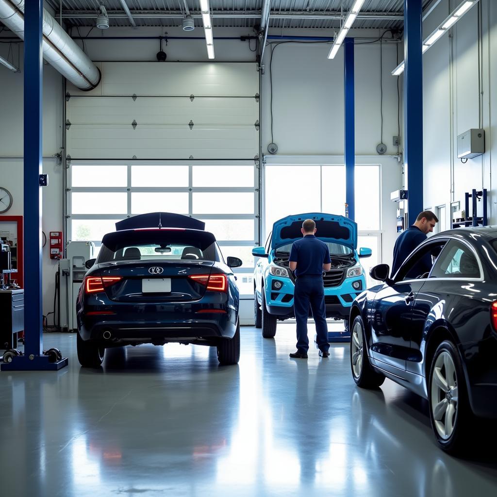 Modern car service center with technicians working on a vehicle