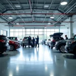 Modern car service center with multiple bays and technicians