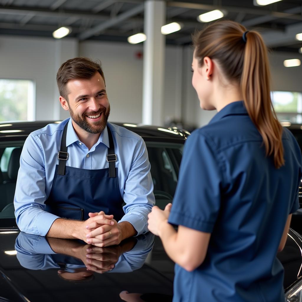 Car service advisor discussing repair options with customer in Billingtons Flitwick