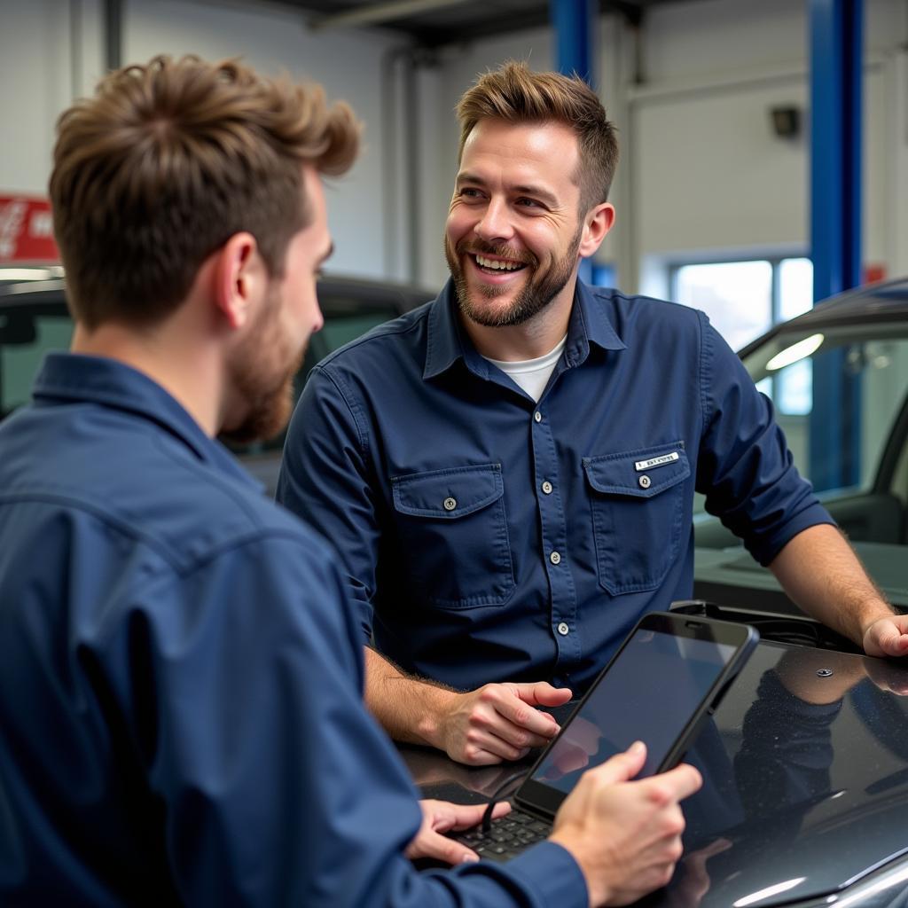 Mechanic in Birkenhead discussing car issues with a client