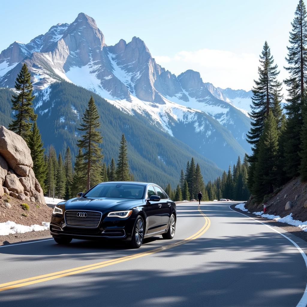 Black car traversing a scenic mountain pass with snow-covered peaks in the background