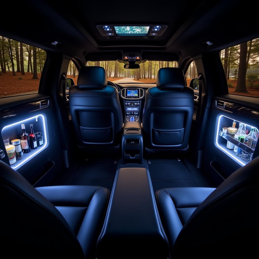 Interior of a black car with leather seats and amenities