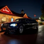 Sleek black car limo parked in front of a glamorous Bel Marra venue at night