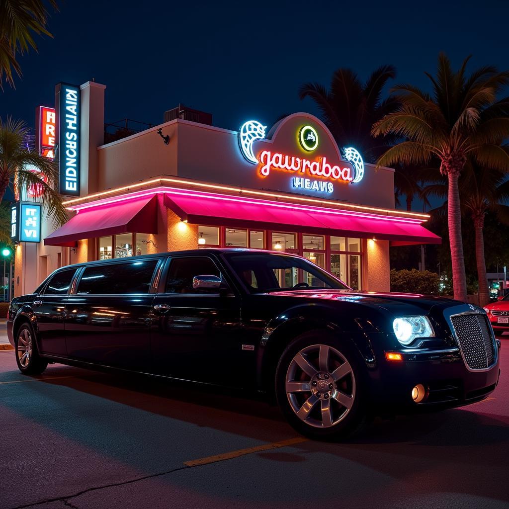 Black car limo parked in front of a bustling Miami Shores nightspot