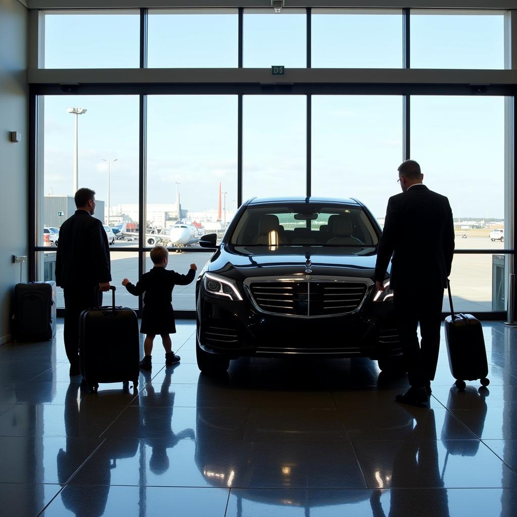 Black car service dropping off passengers at airport