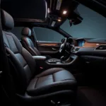 Luxurious interior of a black car with leather seats and modern amenities.