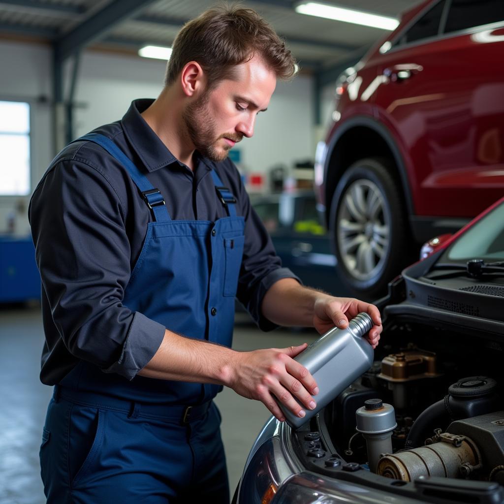 Car Service Technician Performing Oil Change in Blackburn