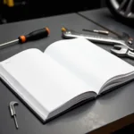 Blank car service record book open on a mechanic's workbench