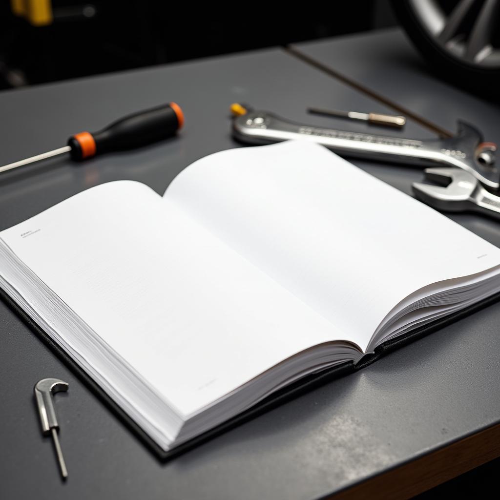 Blank car service record book open on a mechanic's workbench