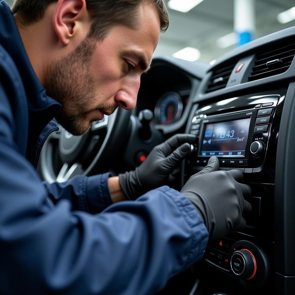 Experienced Blaupunkt technician diagnosing car stereo issue