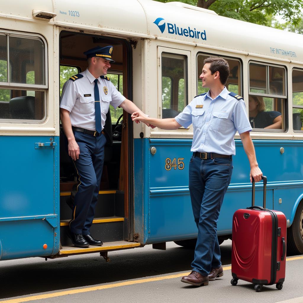 Friendly and professional Bluebird airport shuttle driver assisting a passenger with luggage