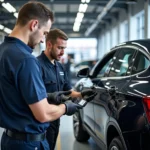 Expert BMW technicians working on a car in a modern service center.