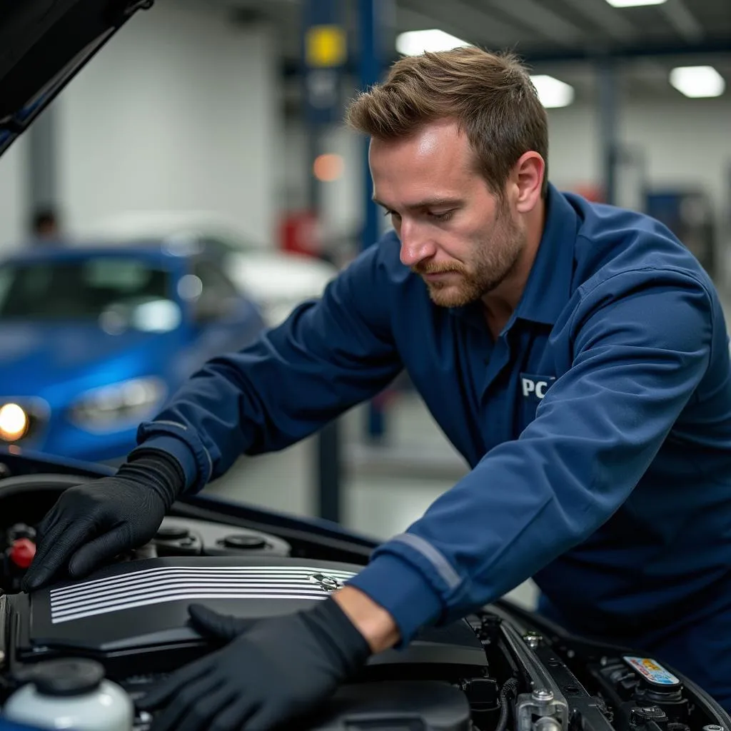 BMW Certified Technician Performing Engine Service on a 2 Series