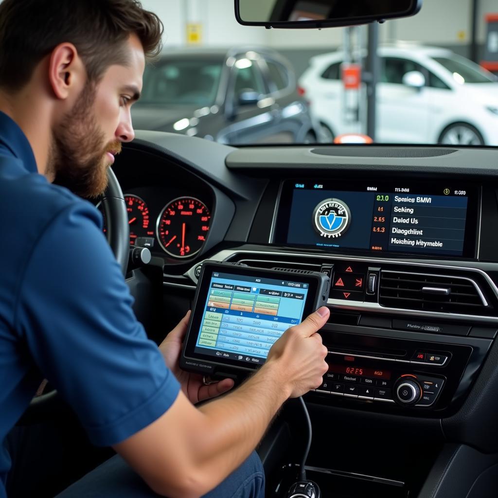 A mechanic using a diagnostic computer on a BMW