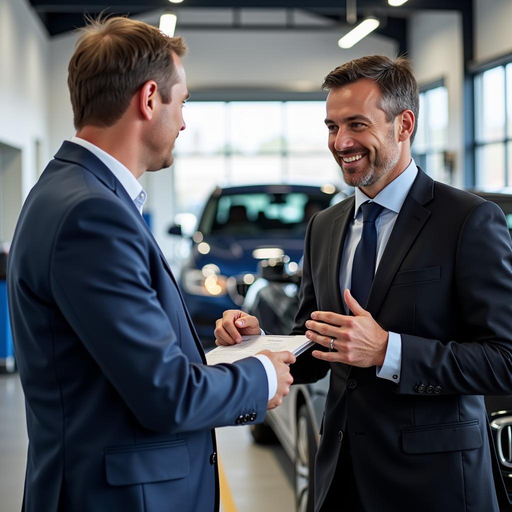 Friendly Service Advisor Discussing Service Options with a BMW Owner