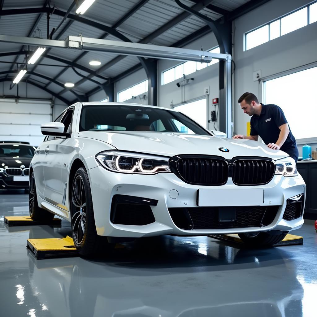 BMW Undergoing Routine Maintenance in a Well-Equipped Service Bay