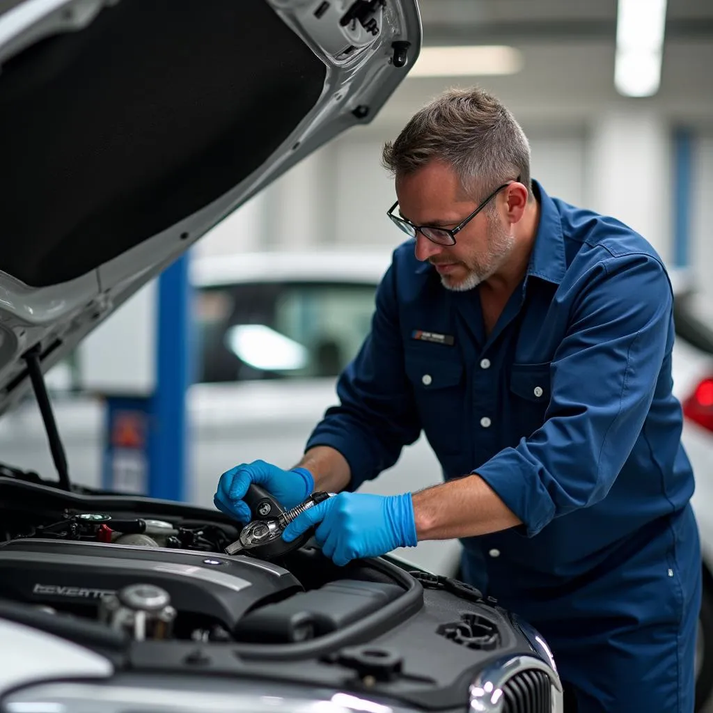 BMW mechanic inspecting car engine