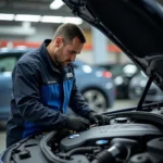 BMW Mechanic Inspecting Engine in Guildford Workshop