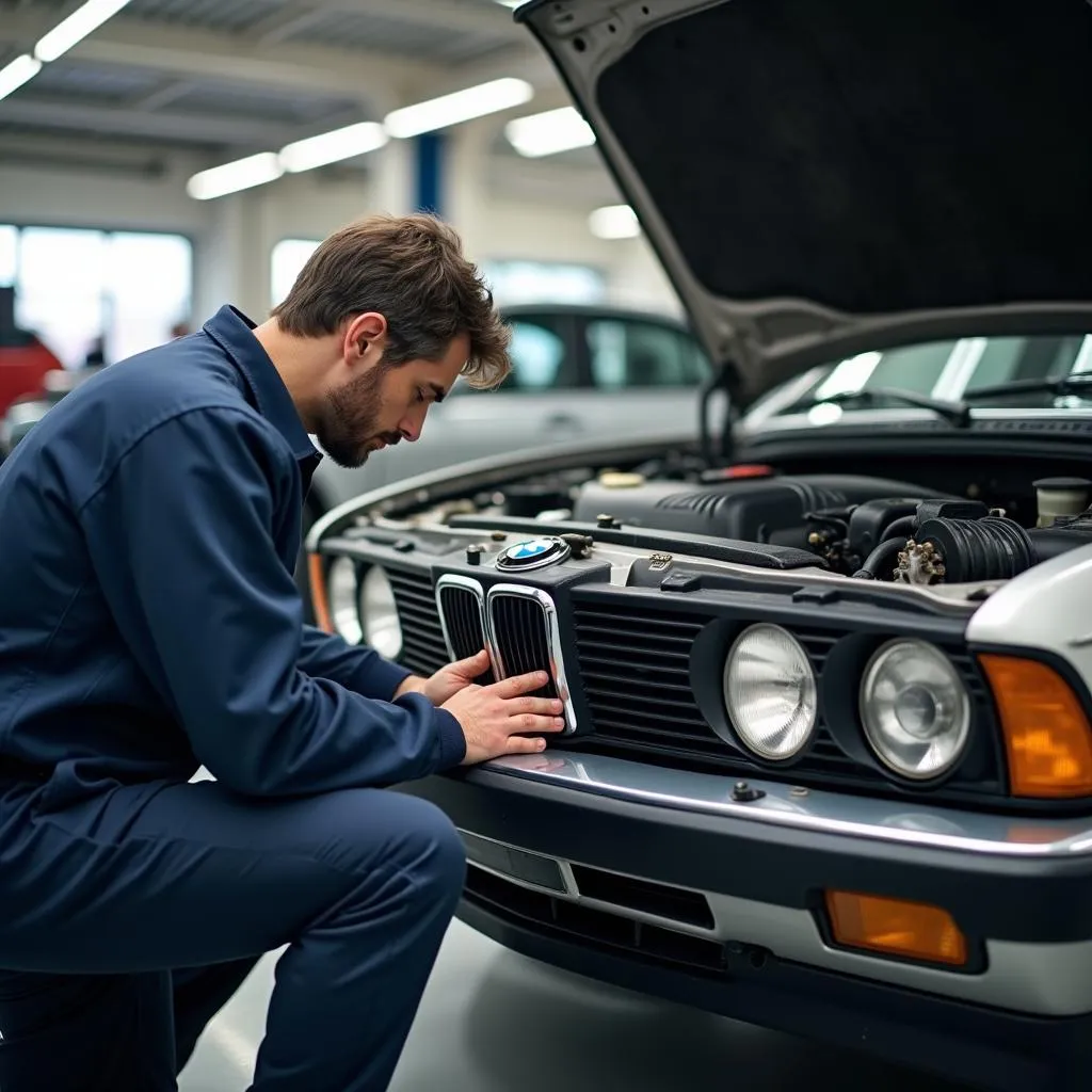 BMW mechanic inspecting an older model for service pack needs