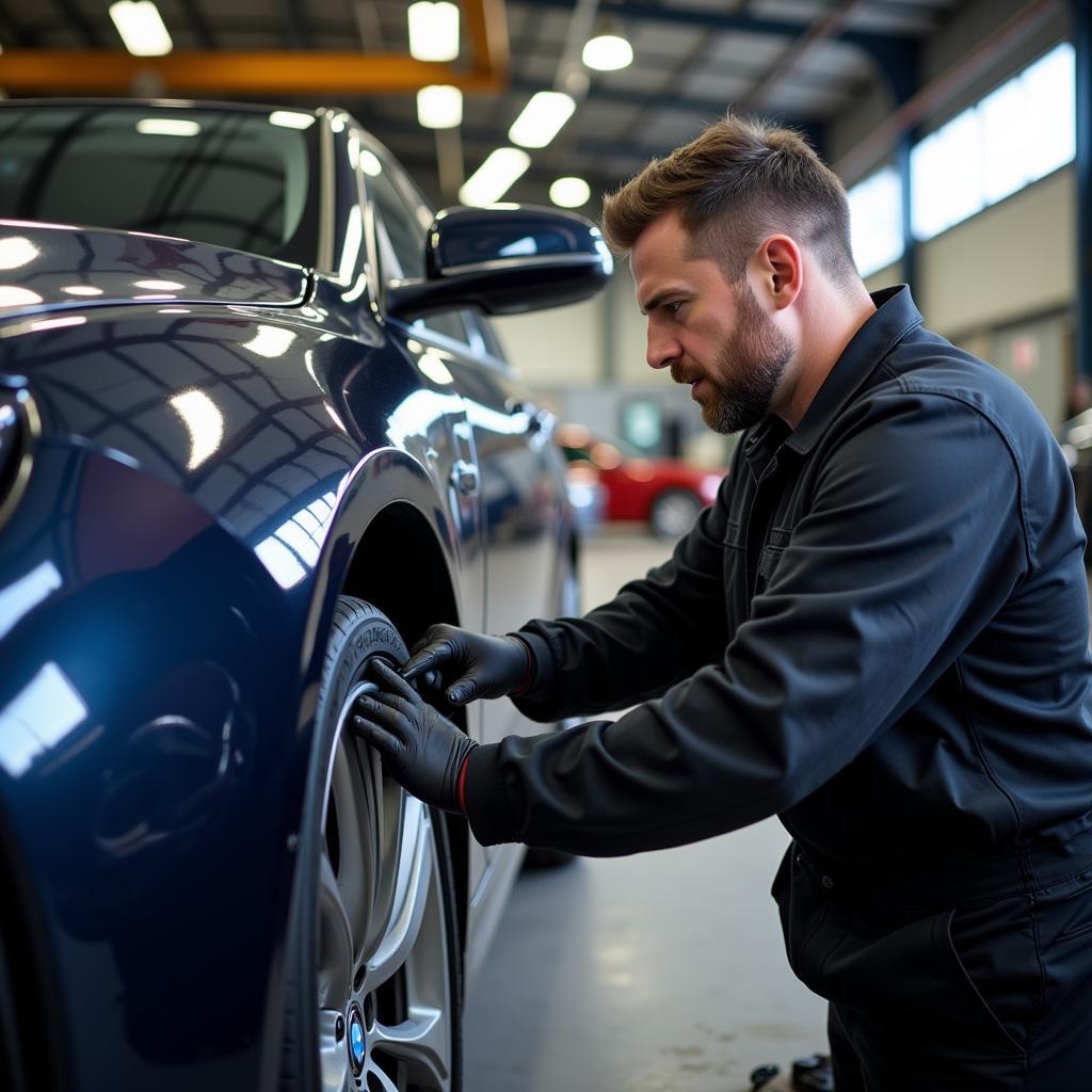 BMW Specialist Mechanic Inspecting Used Car