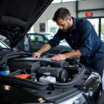 BMW mechanic working on a car in a Long Island auto shop