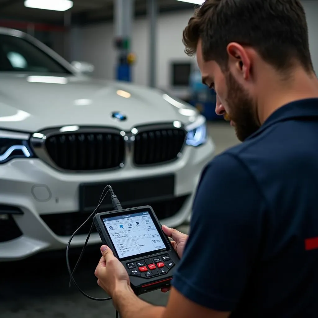 BMW Mechanic Using Diagnostic Tool