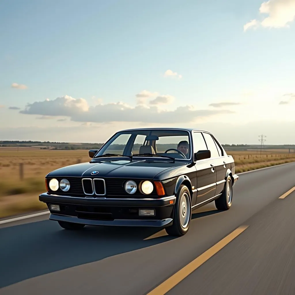 Well-maintained older BMW model driving smoothly on an open road