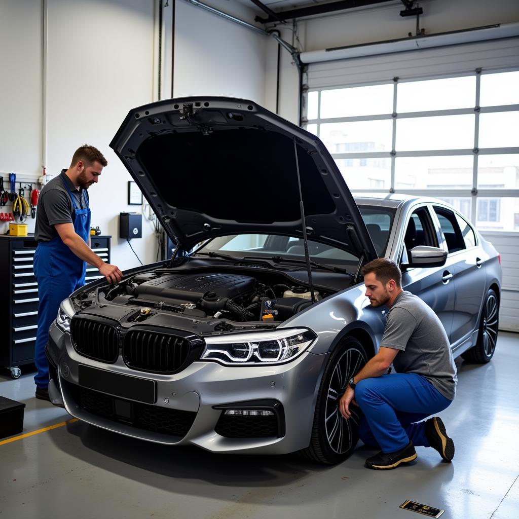 BMW car being serviced in a modern garage