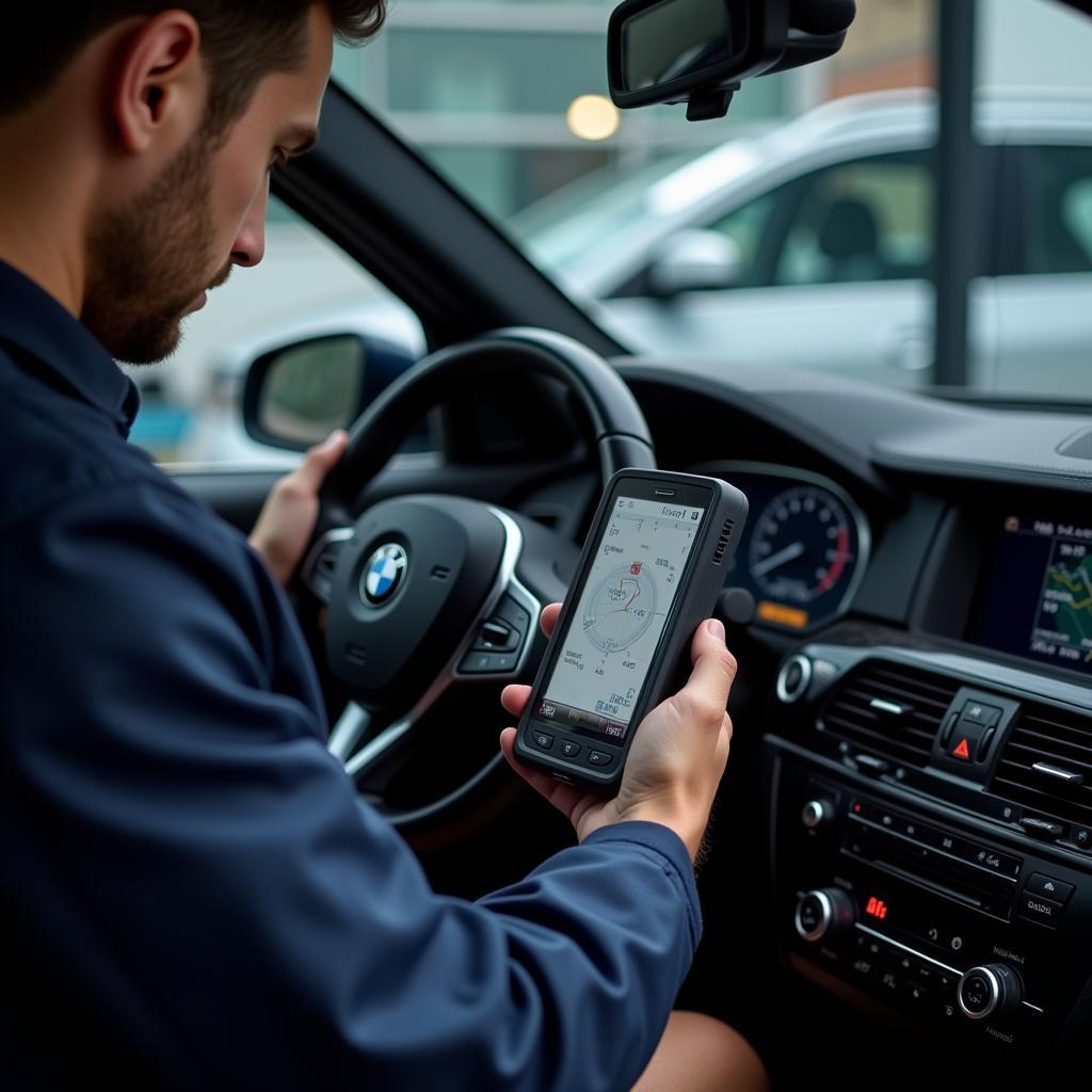 BMW Technician Using Diagnostics Tool