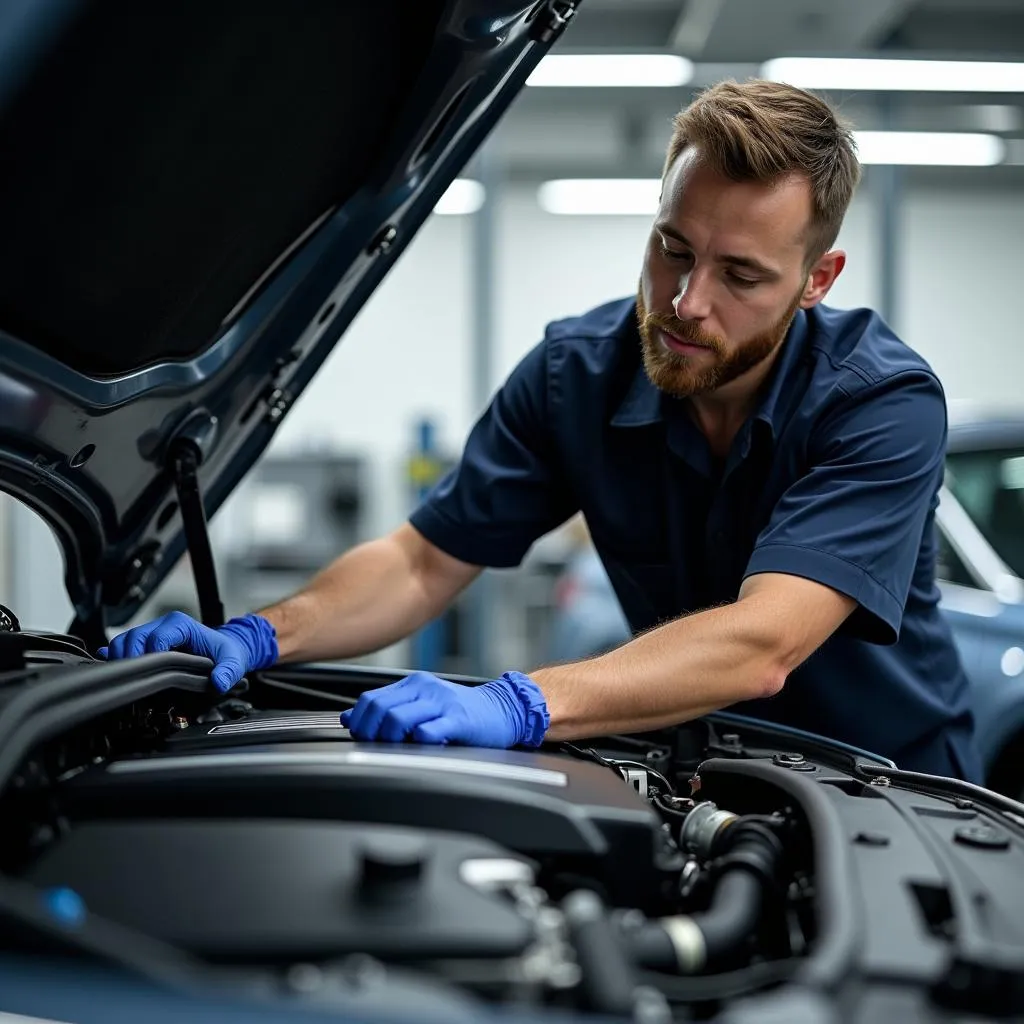 BMW Technician Inspecting Engine