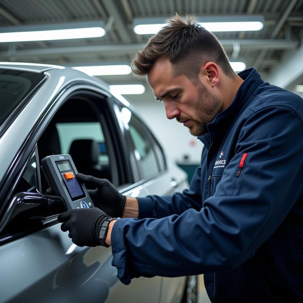 BMW Technician Performing Vehicle Inspection 