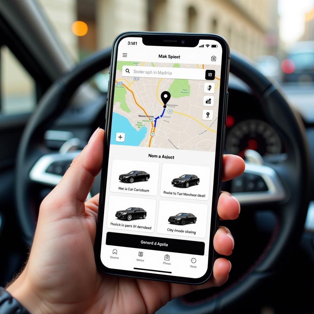 Person using smartphone to book a black car service in Madrid