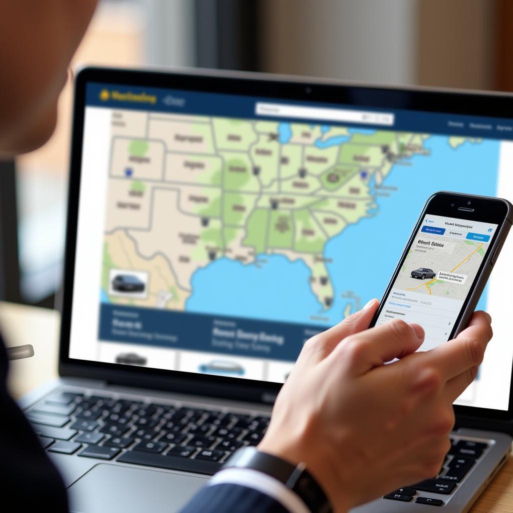 Close-up of a person using a laptop to book a car service on their phone, with the Lisbon city map in the background