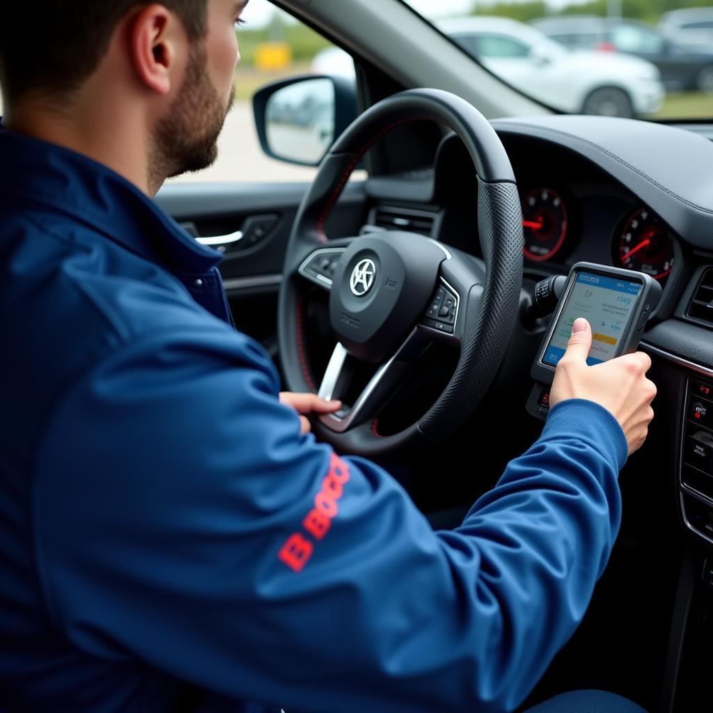 Bosch Car Service Technician Diagnosing a Vehicle in Hamburg