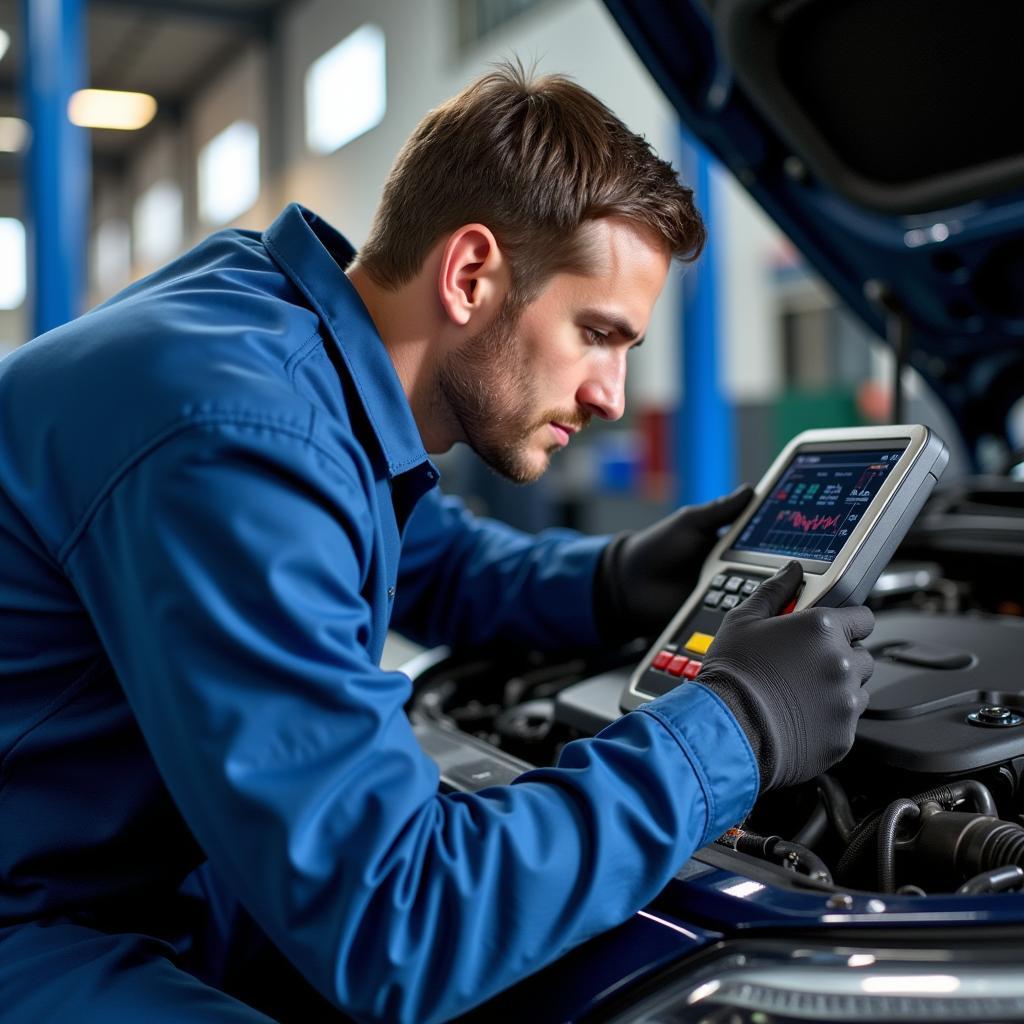 Bosch Car Service Technician using Diagnostic Tool