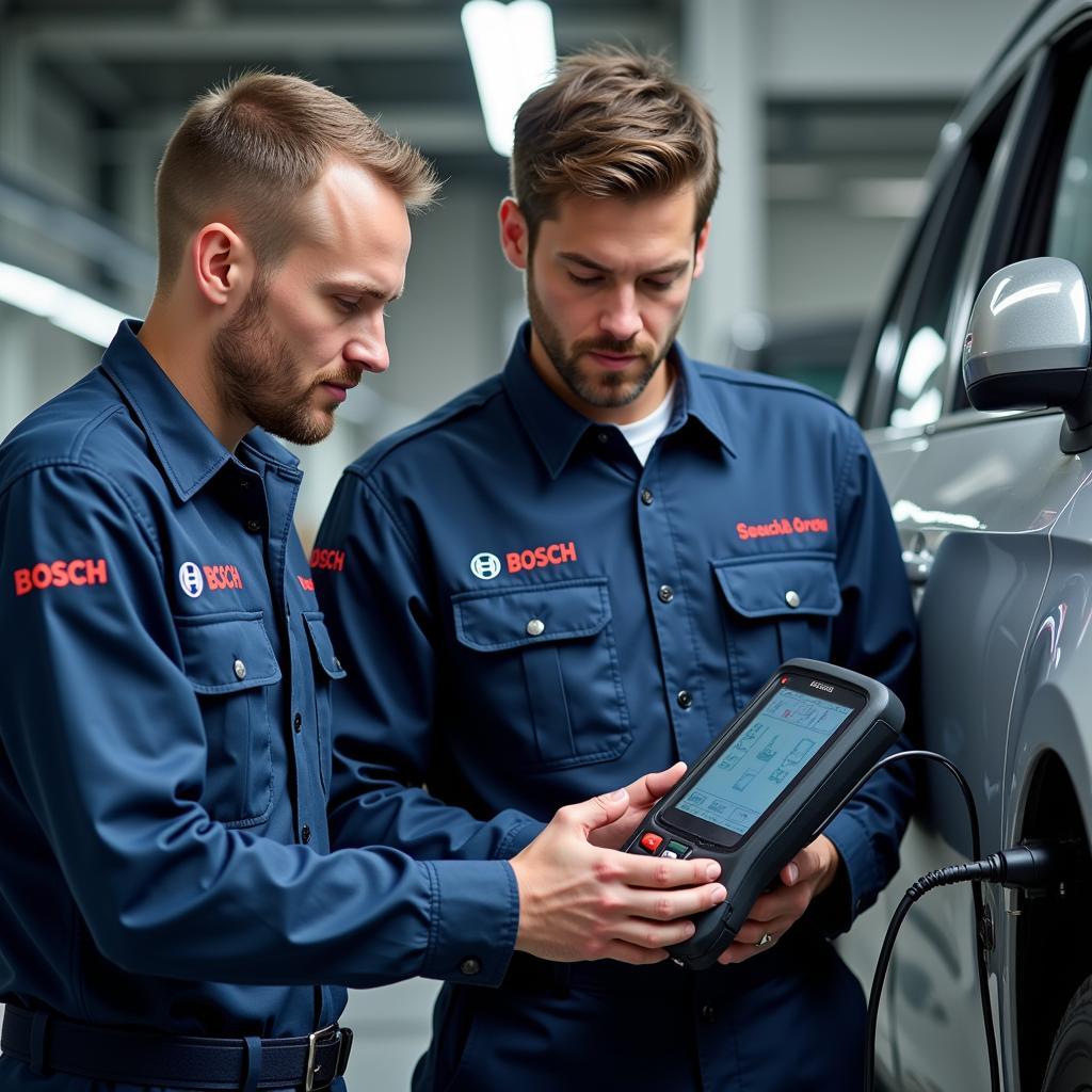 Bosch Trained Technicians Diagnosing Car Problem