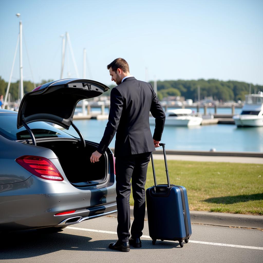 Chauffeur loading luggage into the trunk of a car with Hyannis harbor in the background