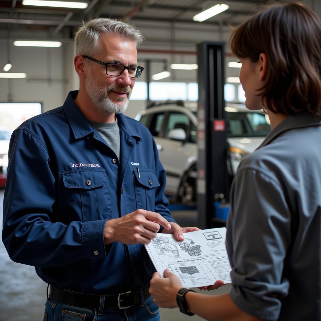 Mechanic explaining car repair details to a customer in Braeside