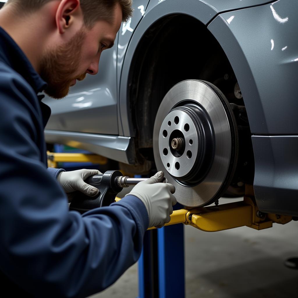 Mechanic inspecting car brakes in Dundee